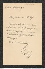 Nachlass Franz Steindachner, Brief von E. Ludwig an Franz Steindachner (18.09.1910), Inv.Nr. 314.01, Seite 1